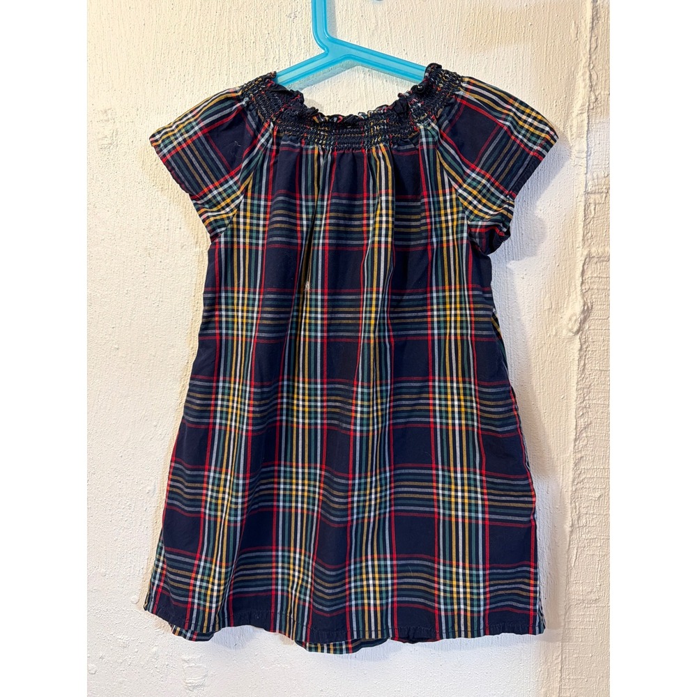 Hanna Andersson Girls Navy Blue Plaid Smocked Neck Cotton Dress Size 5 110cm